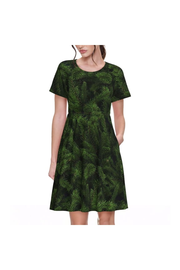 Christmas Tree Branches Print Womens Summer Dress,Casual Short Sleeve Sundresses,Beach A-line Shift Dress with Pockets
