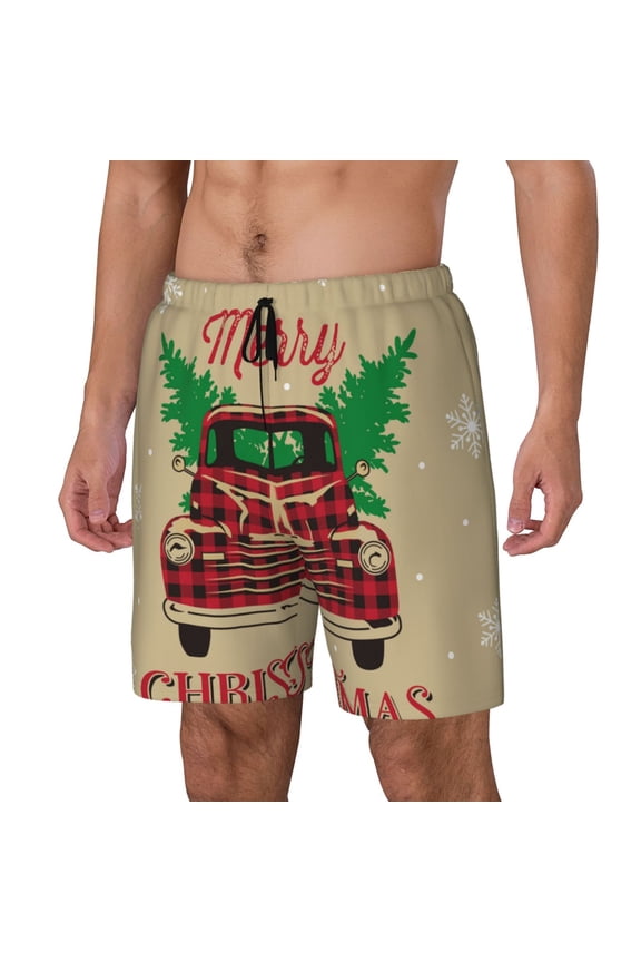 Christmas Vintage Red Truck Print Men's Swim Trunk,Quick Dry Board Shorts ,Men's Swim Trunks with Compression Liner, Bathing Suits with Pockets-XX-Large