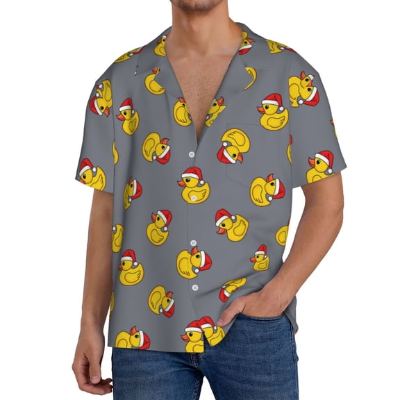 Logiee Christmas hat duck Print Men's Button Down Shirts Short Sleeve, Summer Beach Shirts,Vacation Wedding Shirts,Men's Casual Button-Down Shirts with Pocket-Large