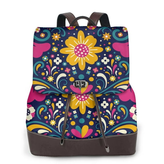 Logiee Cinco De Mayo Floral Print Backpack Purse for Women,Fashion Leather Backpack Purse,Women's Leather Backpack for Work College Travel