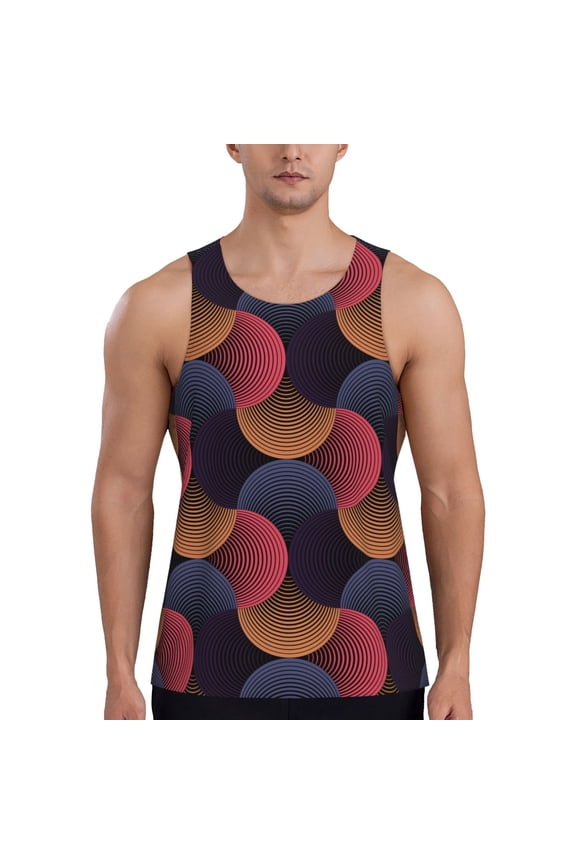 Circular Stripes Print Men's Workout Tank Top,Quick Dry Workout Tank Top,Gym Muscle Tee,Fitness Bodybuilding Sleeveless T Shirt-Small