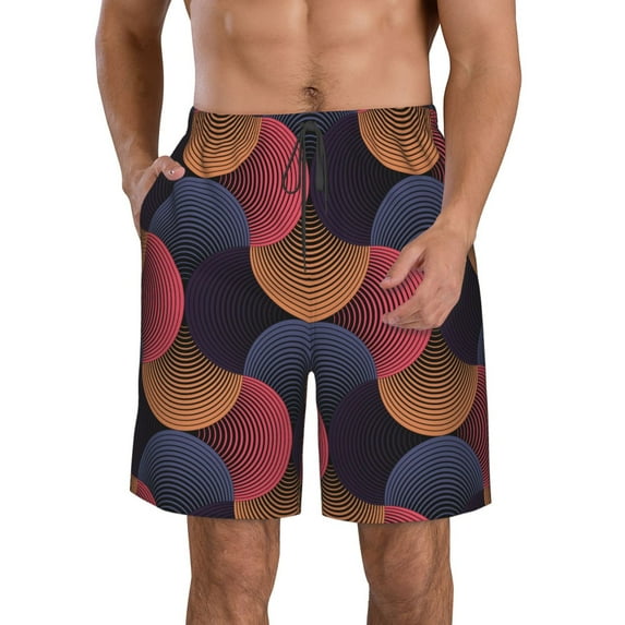 Logiee Circular Stripes Print Mens Swim Trunks Quick Dry Board Shorts,Breathable Hawaii Beach Shorts Swimwear Bathing Suits-Large