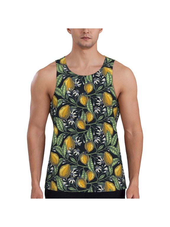 Citrus Fruits Elegant Lemons Print Men's Workout Tank Top,Quick Dry Workout Tank Top,Gym Muscle Tee,Fitness Bodybuilding Sleeveless T Shirt-Large
