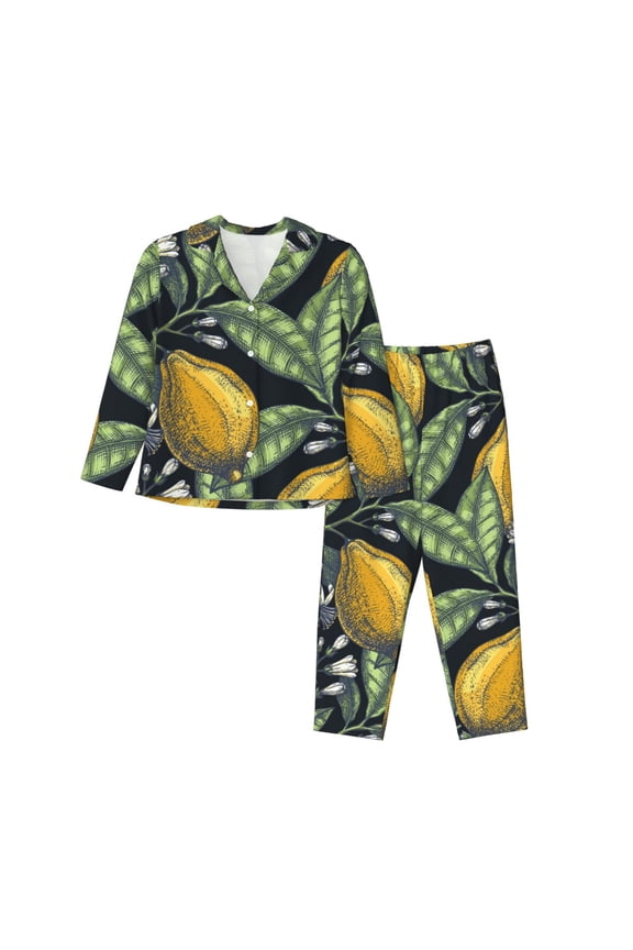 Citrus Fruits Elegant Lemons Print Womens Pajamas Set,Long Sleeve Sleepwear,Button Down Lounge Set 2 Pieces,Soft Nightwear Pjs Set-XX-Large