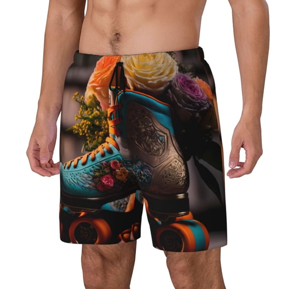 Logiee Classic Floral Blue Skate Shoes Print Men's Swim Trunk,Quick Dry Board Shorts ,Men's Swim Trunks with Compression Liner, Bathing Suits with Pockets-Medium