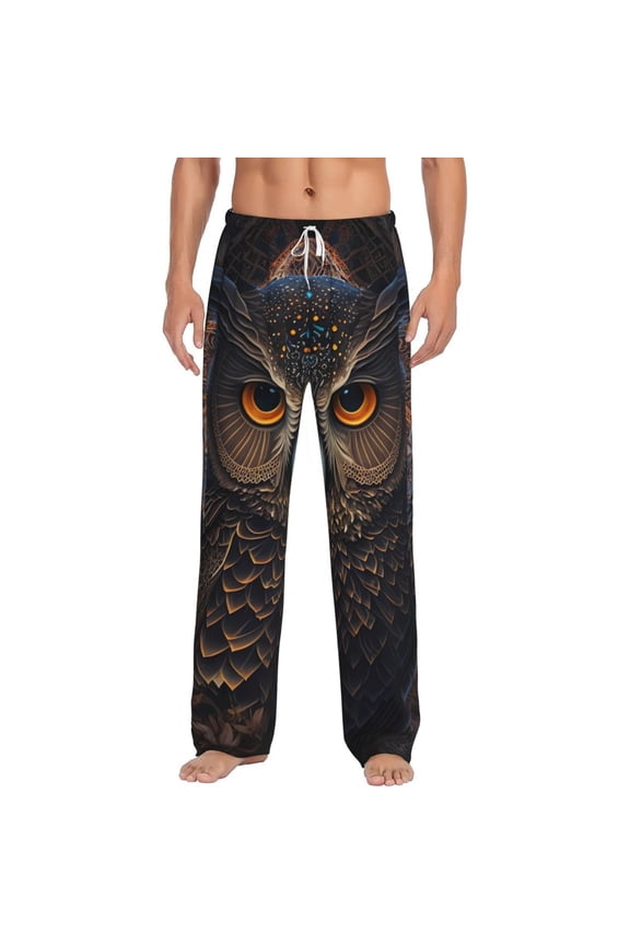 Classical Style Brown Owl Print Pajama Pants for Men,Men’s Pajama Bottoms,Mens PJ Pants with Pockets & Button Fly-Large