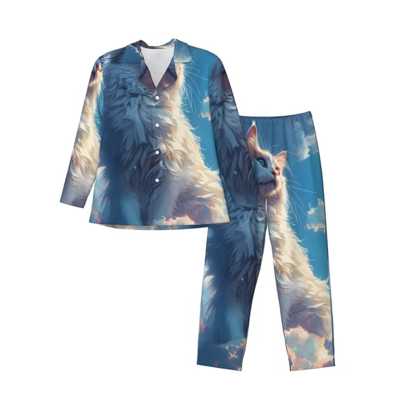 Logiee Clear Sky Blue Cat Print Mens Long Sleeve Pajama Set,Notched Collar Pajamas for Men, Men's Sleepwear,Mens Sleepwear with Pockets & Button Down-Large