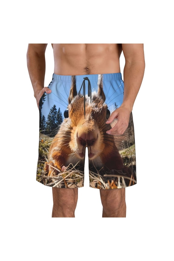 Close-Up Curious Squirrel Print Mens Swim Trunks Quick Dry Board Shorts,Breathable Hawaii Beach Shorts Swimwear Bathing Suits-Large