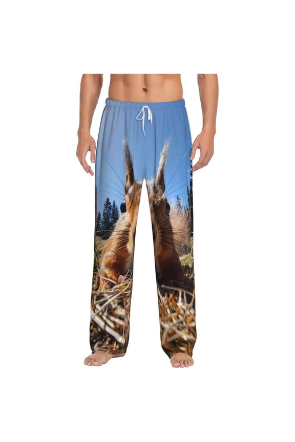 Close-Up Curious Squirrel Print Pajama Pants for Men,Men’s Pajama Bottoms,Mens PJ Pants with Pockets & Button Fly-Medium