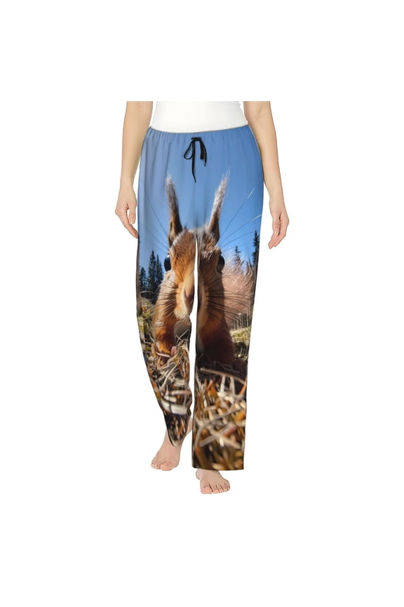 Close-Up Curious Squirrel Print Women Pajama Pants,Comfy Pj Bottom with Pockets & Drawstring,Stretch Casual Sleepwear-Medium