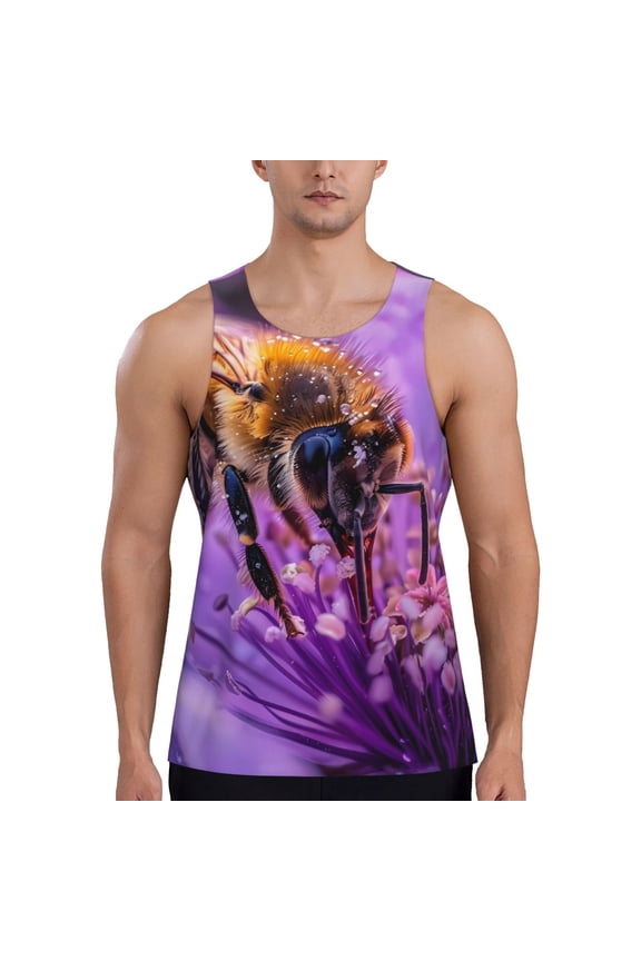 Closeup Honeybee on Flower Print Men's Workout Tank Top,Quick Dry Workout Tank Top,Gym Muscle Tee,Fitness Bodybuilding Sleeveless T Shirt-3X-Large