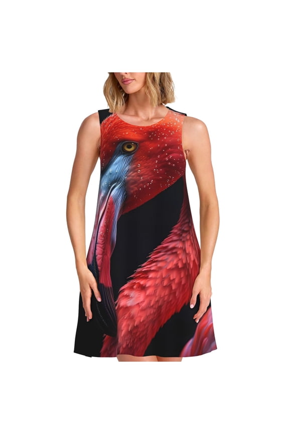 Closeup Red Flamingo Portrait Print Summer Dresses for Women,Beach Sleeveless Flowy Pocket Tshirt Tank Sundresses,Women's Sleeveless Dress