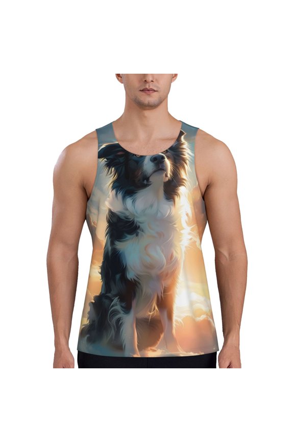 Cloud Border Collie Print Men's Workout Tank Top,Quick Dry Workout Tank Top,Gym Muscle Tee,Fitness Bodybuilding Sleeveless T Shirt-3X-Large