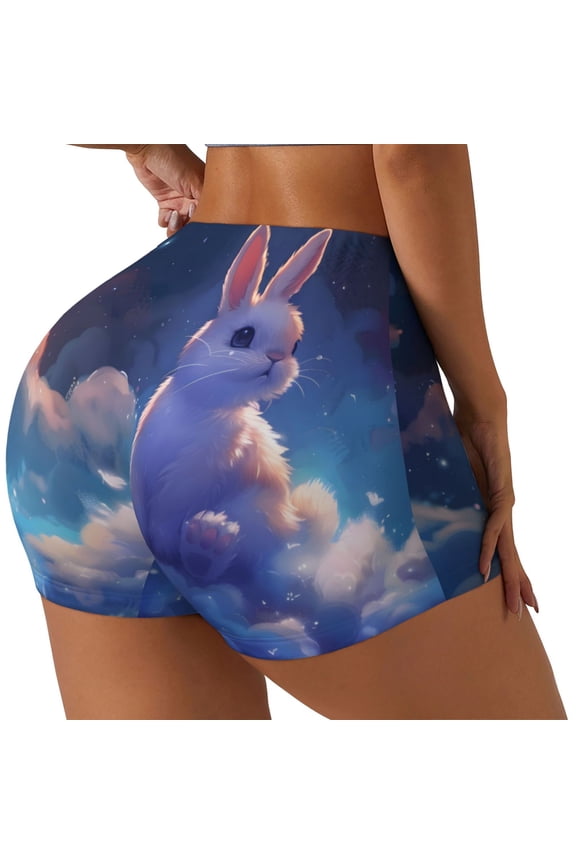 Cloud Cute Rabbit Print Women's Biker Shorts,Workout Gym Shorts,Scrunch Shorts,Tummy Control Hidden Scrunch Running Yoga Shorts-Large
