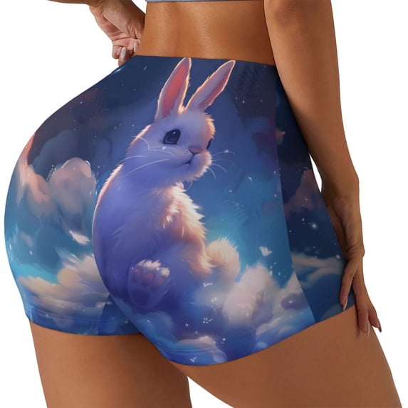 Logiee Cloud Cute Rabbit Print Women's Biker Shorts,Workout Gym Shorts,Scrunch Shorts,Tummy Control Hidden Scrunch Running Yoga Shorts-Medium