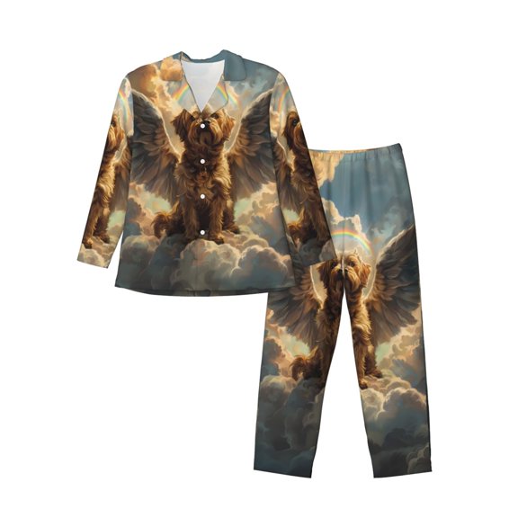 Logiee Cloud Rainbow Winged Dog Print Mens Long Sleeve Pajama Set,Notched Collar Pajamas for Men, Men's Sleepwear,Mens Sleepwear with Pockets & Button Down-Medium