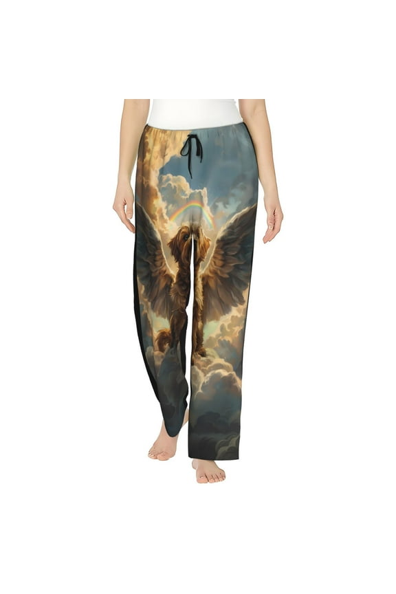 Cloud Rainbow Winged Dog Print Women Pajama Pants,Comfy Pj Bottom with Pockets & Drawstring,Stretch Casual Sleepwear-Large