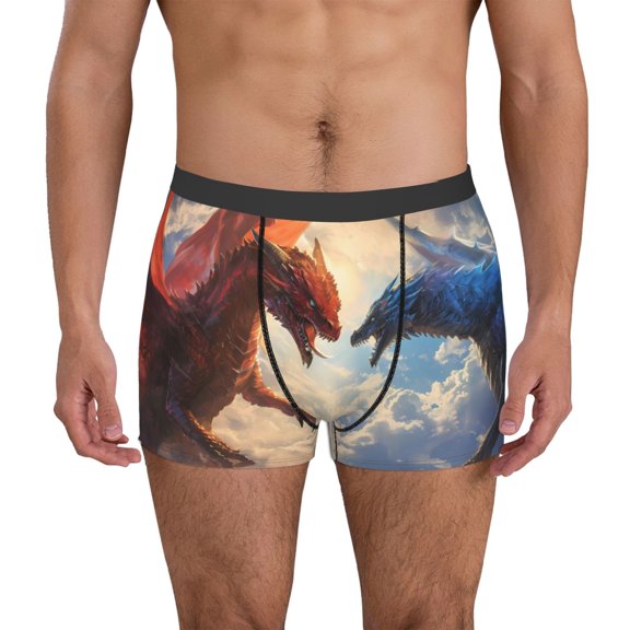 Logiee Cloud Red And Blue Dragon Print Mens Boxer Briefs,Boxer Briefs for Men,Breathable Stretch Underwear,Boys Boxer Briefs-Large