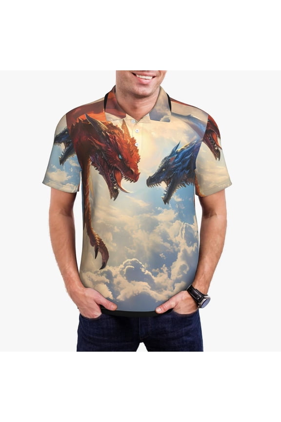 Cloud Red And Blue Dragon Print Mens Polo Shirts,Mens Golf Polo Shirts,Short Sleeve Casual Polo Shirts for Men,Summer Fashion Beach Shirts-Small