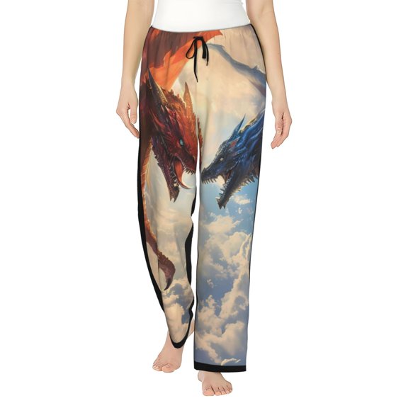 Logiee Cloud Red And Blue Dragon Print Women Pajama Pants,Comfy Pj Bottom with Pockets & Drawstring,Stretch Casual Sleepwear-Medium