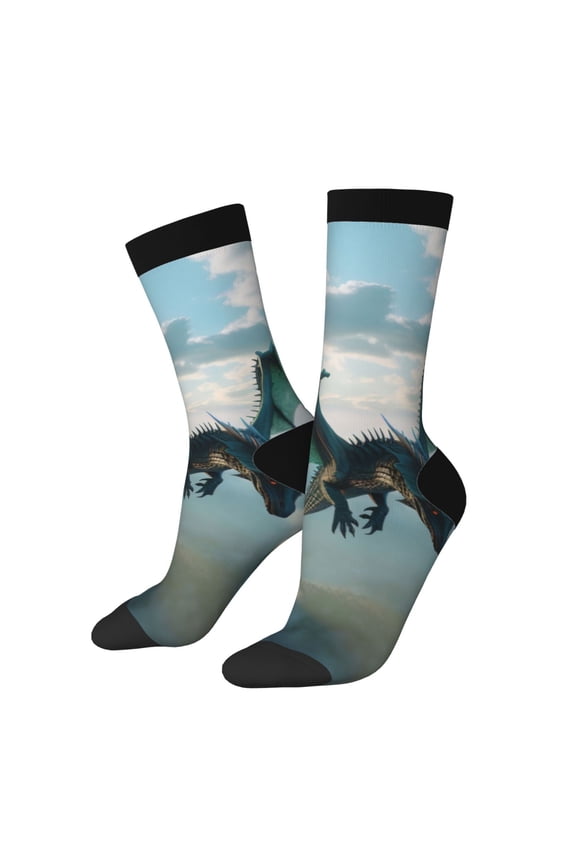 Cloud Sky Green Dragon Print Adult Socks for Men & Women,Calf Socks, Ankle Socks,Boots Socks,Breathable Casual Sock,Unisex Crew Socks