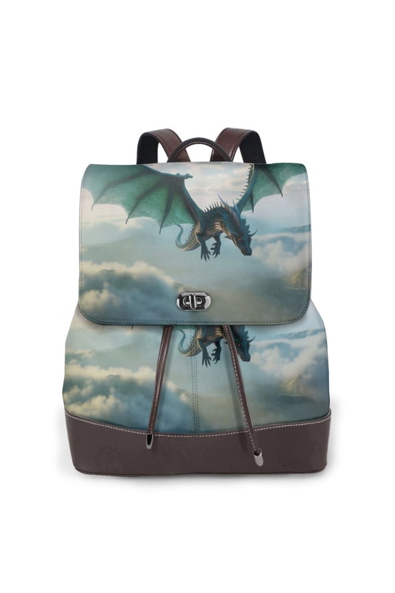 Logiee Cloud Sky Green Dragon Print Backpack Purse for Women,Fashion Leather Backpack Purse,Women's Leather Backpack for Work College Travel