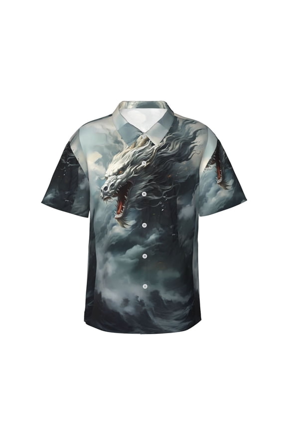 Cloud White Dragon Print Mens Hawaiian Shirts,Loose-Fit Short Sleeve Button Down Tropical Aloha Beach Shirt,Summer Vacation Wedding Tops,Small