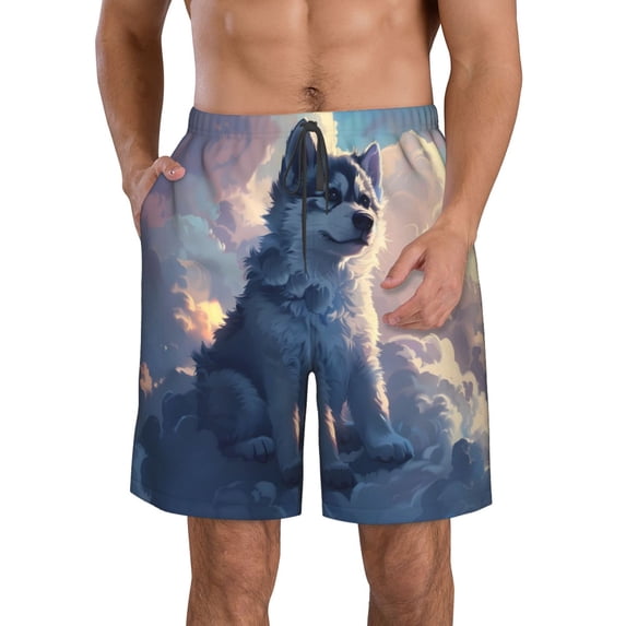 Logiee Cloud Wolf Print Mens Swim Trunks Quick Dry Board Shorts,Breathable Hawaii Beach Shorts Swimwear Bathing Suits-Small