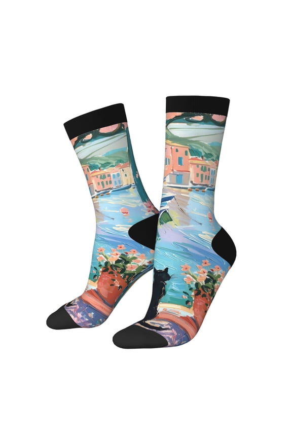 Coastal Cat By The Window Print Adult Socks for Men & Women,Calf Socks, Ankle Socks,Boots Socks,Breathable Casual Sock,Unisex Crew Socks