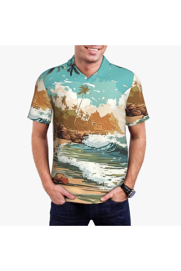 Coastal Palm Beach Print Mens Polo Shirts,Mens Golf Polo Shirts,Short Sleeve Casual Polo Shirts for Men,Summer Fashion Beach Shirts-Small