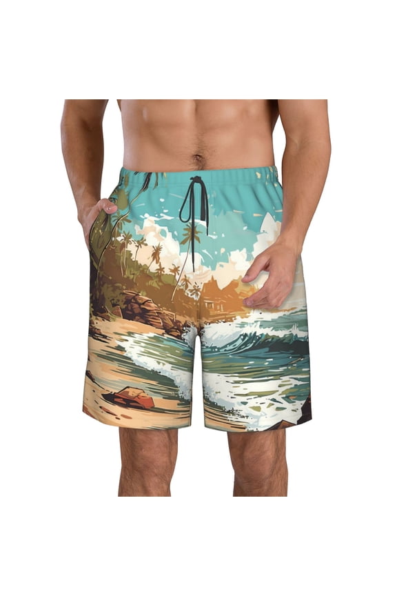 Coastal Palm Beach Print Mens Swim Trunks Quick Dry Board Shorts,Breathable Hawaii Beach Shorts Swimwear Bathing Suits-Large
