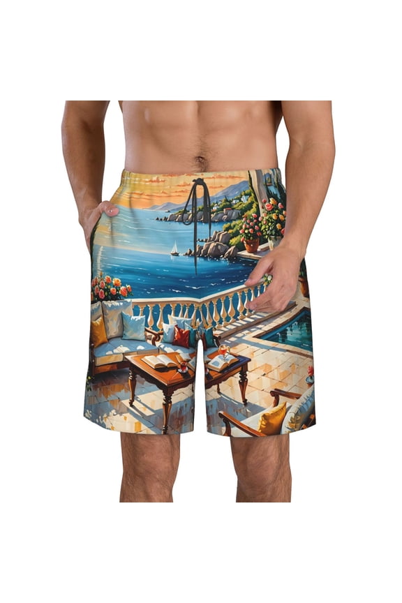 Coastal Style Garden Villa Print Mens Swim Trunks Quick Dry Board Shorts,Breathable Hawaii Beach Shorts Swimwear Bathing Suits-Medium