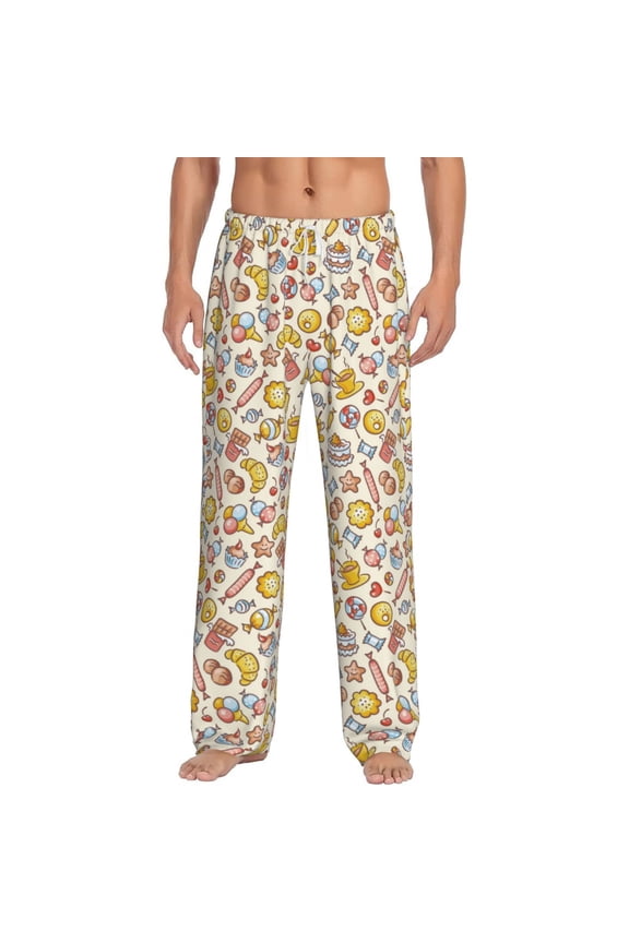 Coffee Donuts Print Pajama Pants for Men,Men’s Pajama Bottoms,Mens PJ Pants with Pockets & Button Fly-Medium