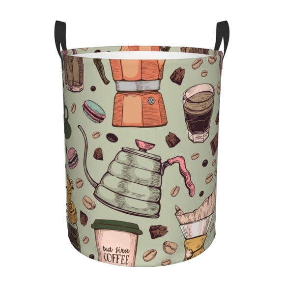 Logiee Coffee Makers Macaroons Chocolate Print Laundry Hamper,Dirty Clothes Hamper Storage Basket for Bathroom Bedrooms College Dorm, Circular Hamper with Handles,Collapsible Laundry Baskets-Small