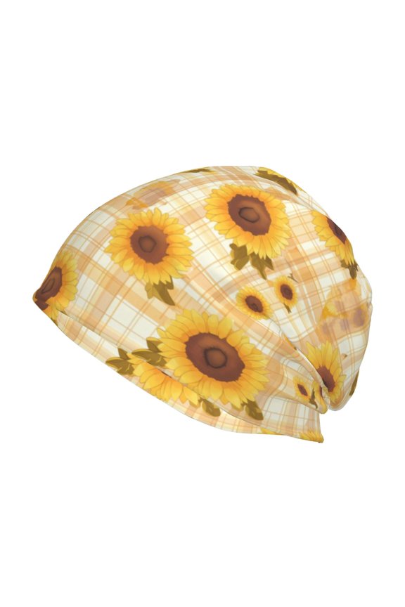 Coffee Plaid Sunflower Print Unisex Knit Beanie for Men Women Winter Hat,Beanies Skull Caps