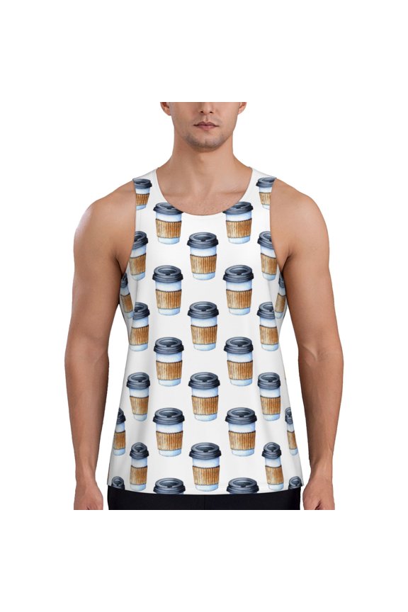 Coffee To Go Pattern Print Men's Workout Tank Top,Quick Dry Workout Tank Top,Gym Muscle Tee,Fitness Bodybuilding Sleeveless T Shirt-4X-Large