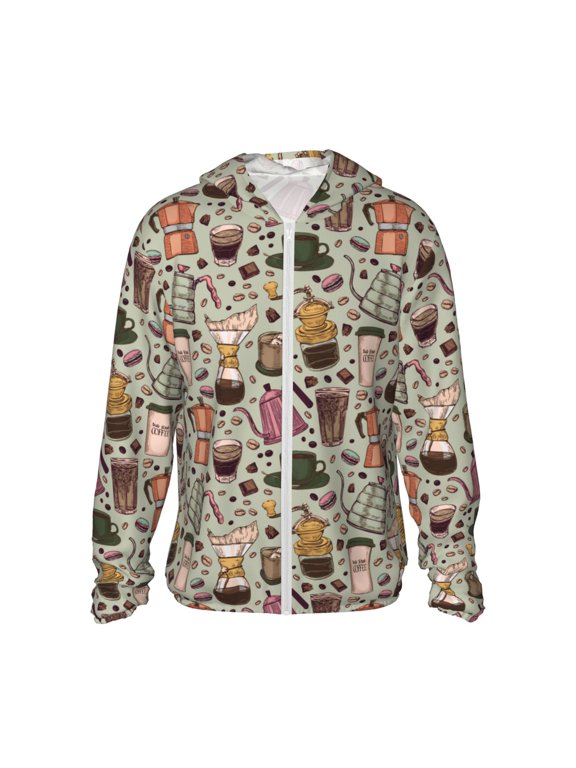 Coffee pots cup Print Men's Women Light Jacket Full Zip Sun Protection Hoodie Long Sleeve Sun Shirts for Men Hiking Fishing Zip Pockets-Large