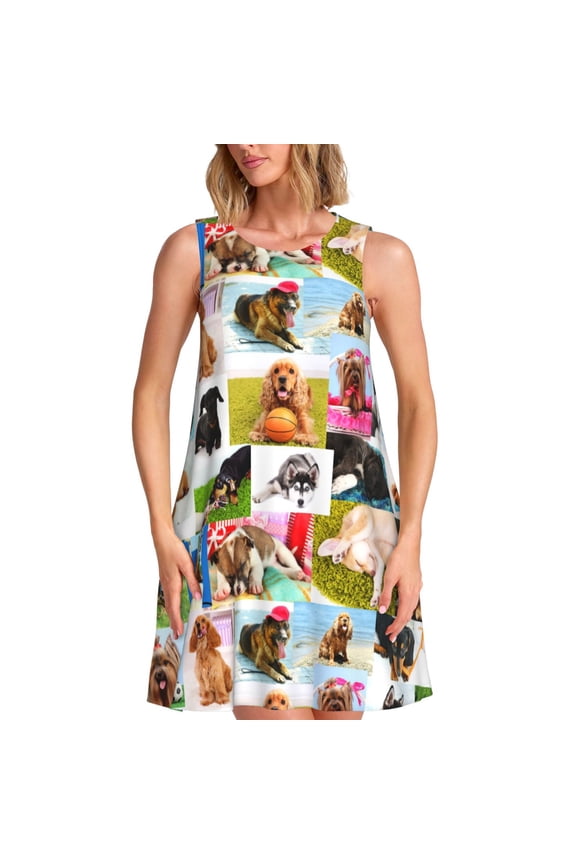 Collage of pretty dogs Print Summer Dresses for Women,Beach Sleeveless Flowy Pocket Tshirt Tank Sundresses,Women's Sleeveless Dress