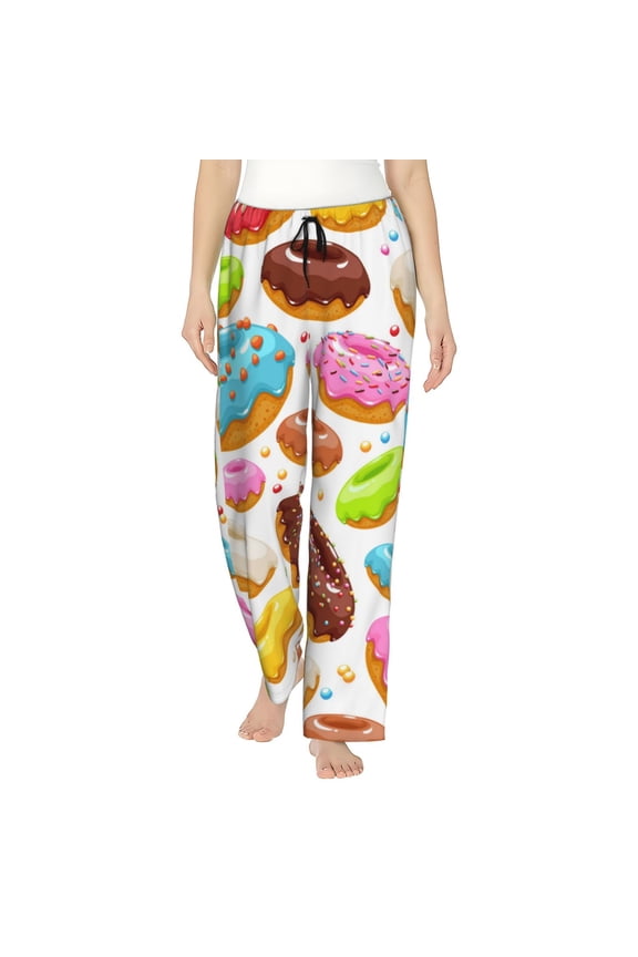Color Donut Print Women Pajama Pants,Comfy Pj Bottom with Pockets & Drawstring,Stretch Casual Sleepwear-Medium