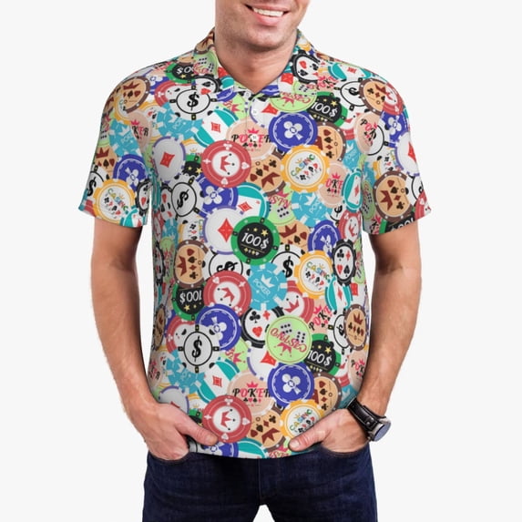 Logiee Colored Casino Chips Print Mens Polo Shirts,Mens Golf Polo Shirts,Short Sleeve Casual Polo Shirts for Men,Summer Fashion Beach Shirts-Small