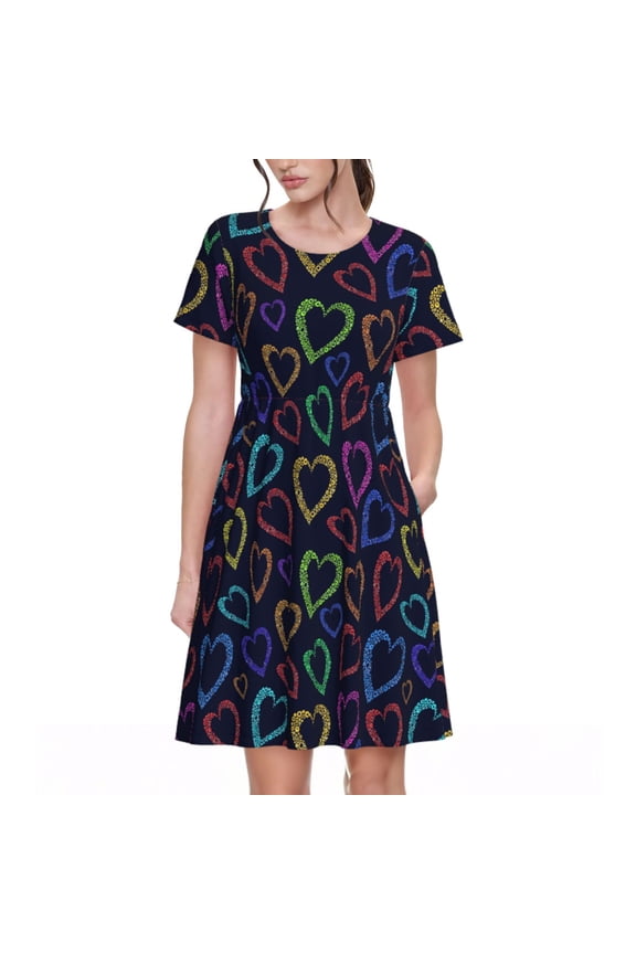 Colored Hearts Print Womens Summer Dress,Casual Short Sleeve Sundresses,Beach A-line Shift Dress with Pockets