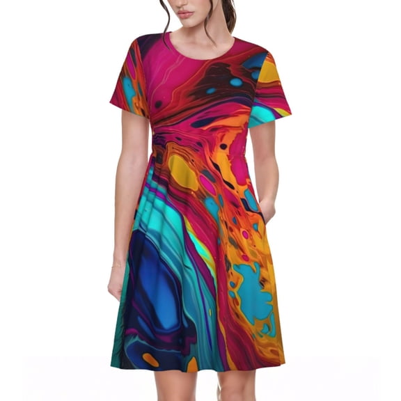 Logiee Colorful Abstract Swirls Print Womens Summer Dress,Casual Short Sleeve Sundresses,Beach A-line Shift Dress with Pockets