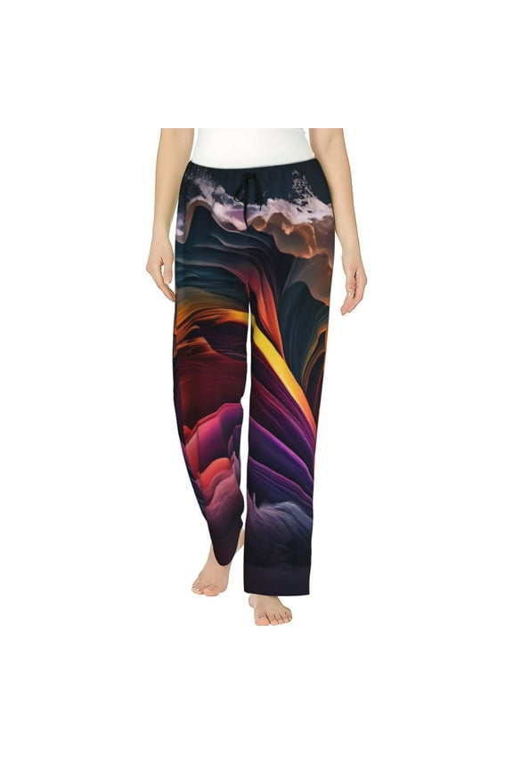 Colorful Abstract Wave Motion Print Women Pajama Pants,Comfy Pj Bottom with Pockets & Drawstring,Stretch Casual Sleepwear-Small