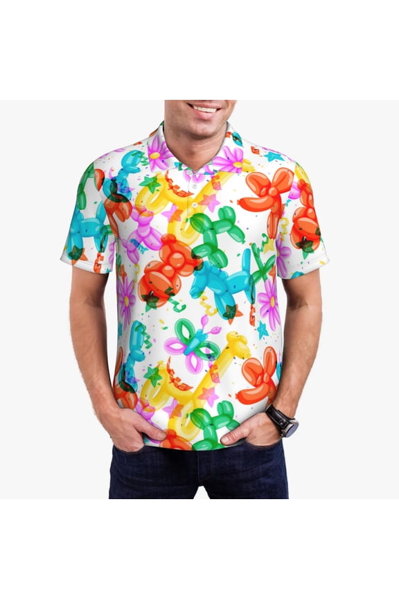 Colorful Air Balloons Print Mens Polo Shirts,Mens Golf Polo Shirts,Short Sleeve Casual Polo Shirts for Men,Summer Fashion Beach Shirts-Large