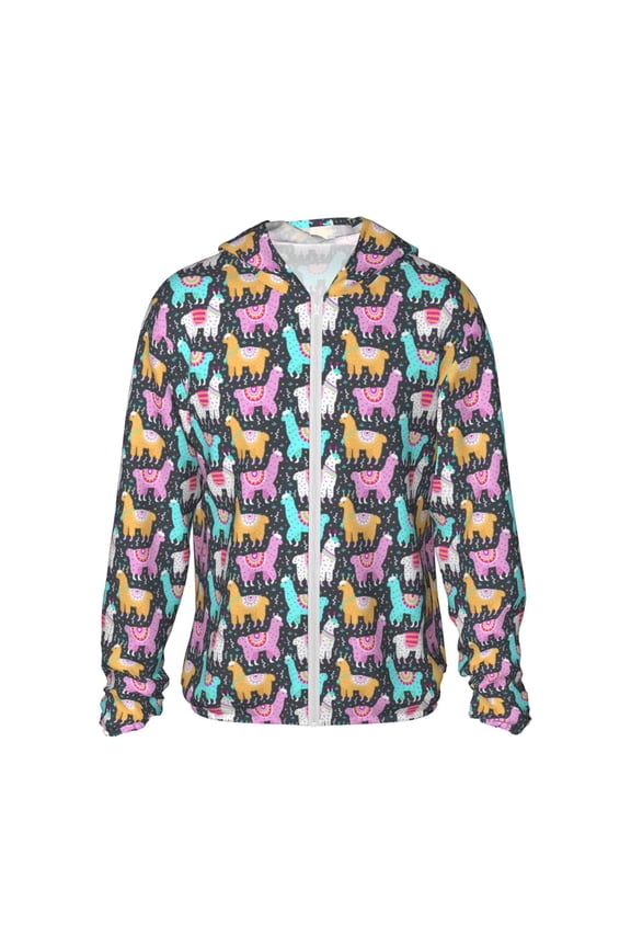 Colorful Alpaca Print Men's Women Light Jacket Full Zip Sun Protection Hoodie Long Sleeve Sun Shirts for Men Hiking Fishing Zip Pockets-Small
