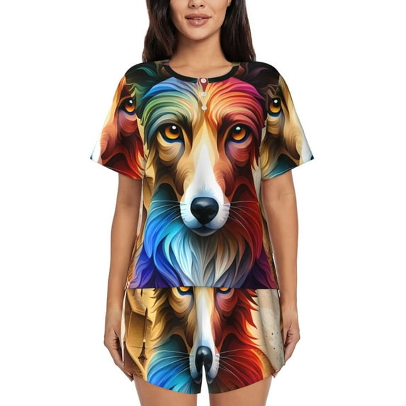 Logiee Colorful Art Dog Print Womens Pajamas Set,Short-Sleeve Pajama 2 Piece Sleepwear with Pockets-X-Large