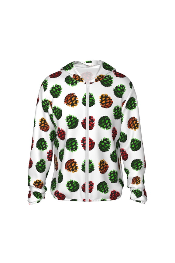 Colorful Autumn Pinecones Print Men's Women Light Jacket Full Zip Sun Protection Hoodie Long Sleeve Sun Shirts for Men Hiking Fishing Zip Pockets-Small