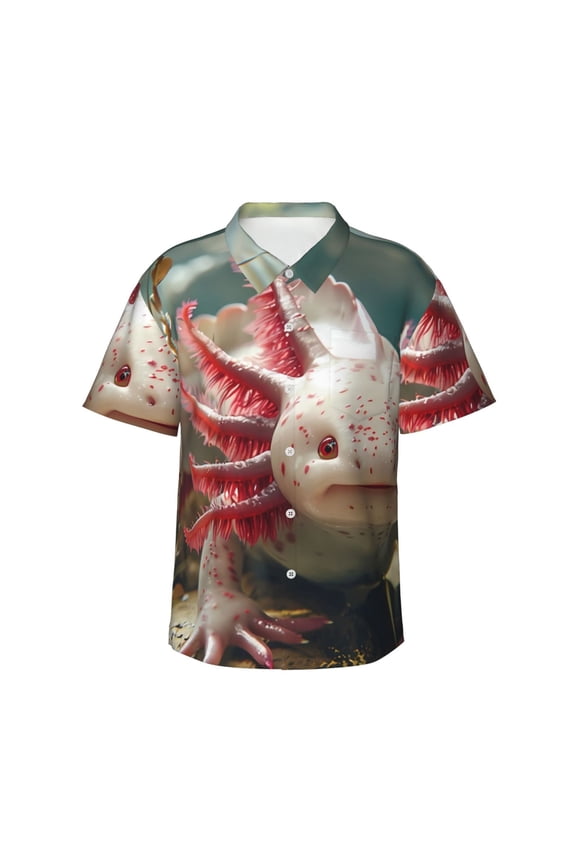 Colorful Axolotl Underwater Print Mens Hawaiian Shirts,Loose-Fit Short Sleeve Button Down Tropical Aloha Beach Shirt,Summer Vacation Wedding Tops,Small