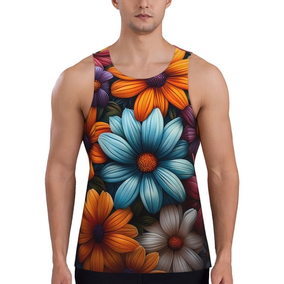 Logiee Colorful Blooming Flowers Print Men's Workout Tank Top,Quick Dry Workout Tank Top,Gym Muscle Tee,Fitness Bodybuilding Sleeveless T Shirt-3X-Large