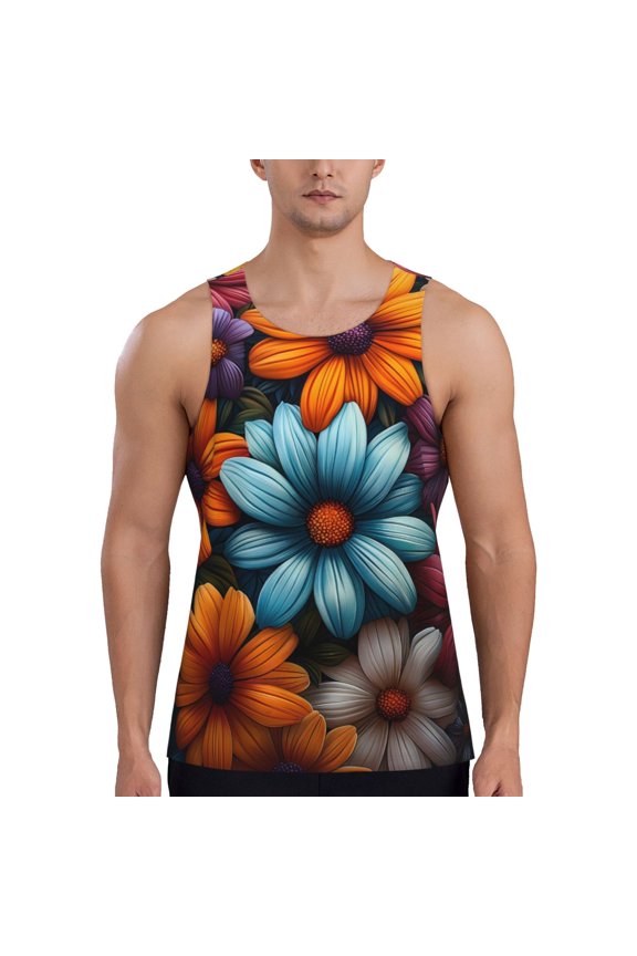Colorful Blooming Flowers Print Men's Workout Tank Top,Quick Dry Workout Tank Top,Gym Muscle Tee,Fitness Bodybuilding Sleeveless T Shirt-Large
